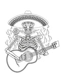 Day of the Dead Coloring Book Page with Skeleton Wearing Sombrero and Playing Guitar