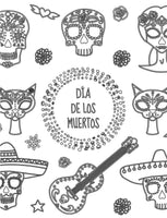 Dia de los Muertos Adult Coloring Book Page with Skulls and Cats