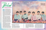 Going Global article spread featuring BTS poster with band members