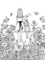 Coloring Love You Mom page of mother and daughter in garden