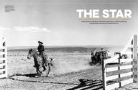 John Wayne The Star spread with image of actor riding horse through corral in black and white