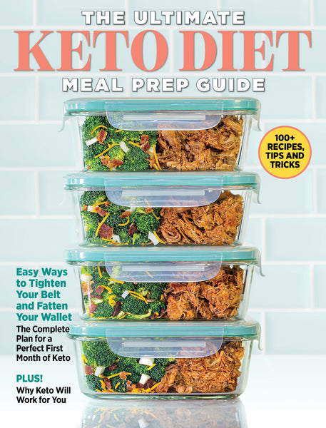 The Ultimate Keto Diet Meal Prep Guide with broccoli and shredded meat stacked in containers against a blue tile background